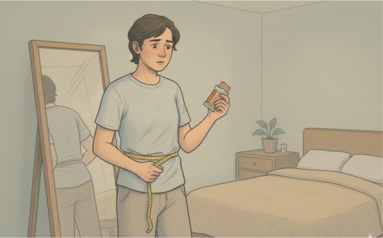 A person measuring his waist with a tape measure while holding something to eat in the bedroom.