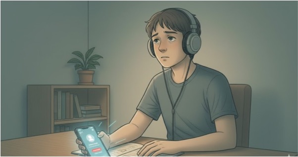 A man wearing headphones and holding his phone as he daydreams