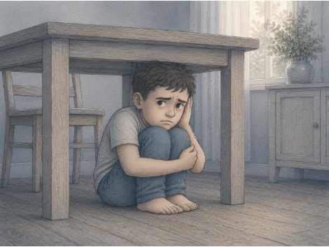 A young male child hiding close to a table in fear due to trauma