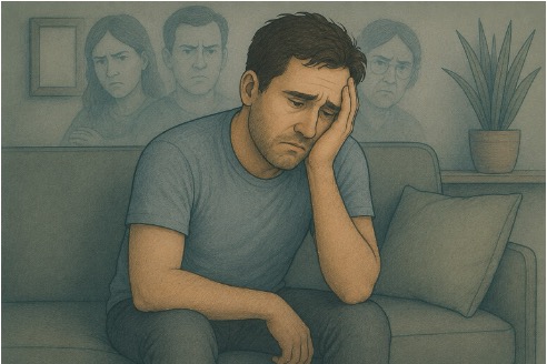 Man experiencing a moment of partial awareness during a psychotic episode, questioning whether his perceptions are real 