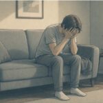 Person sitting alone on the couch with head buried in hands, showing emotional distress due to narcissistic abuse.