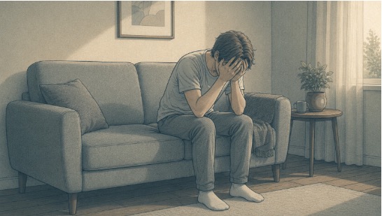 Person sitting alone on the couch with head buried in hands, showing emotional distress due to narcissistic abuse.