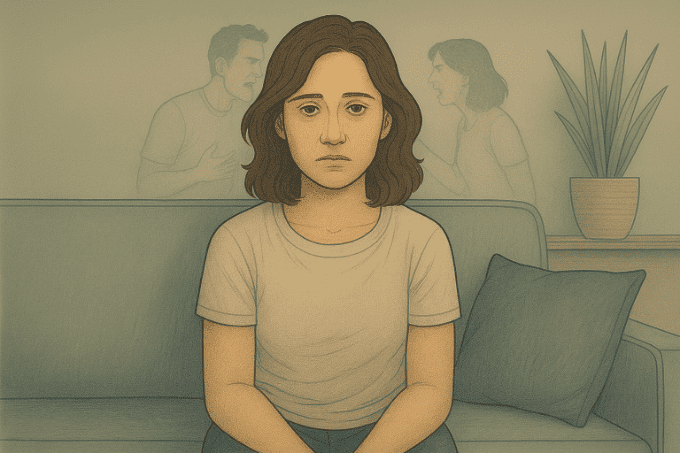 Woman experiencing dissociation as she mentally disconnects from an overwhelming argument happening around her