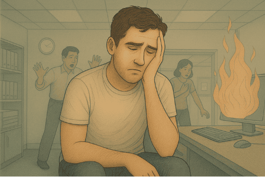 Man dissociating from workplace stress, appearing calm while his environment signals crisis