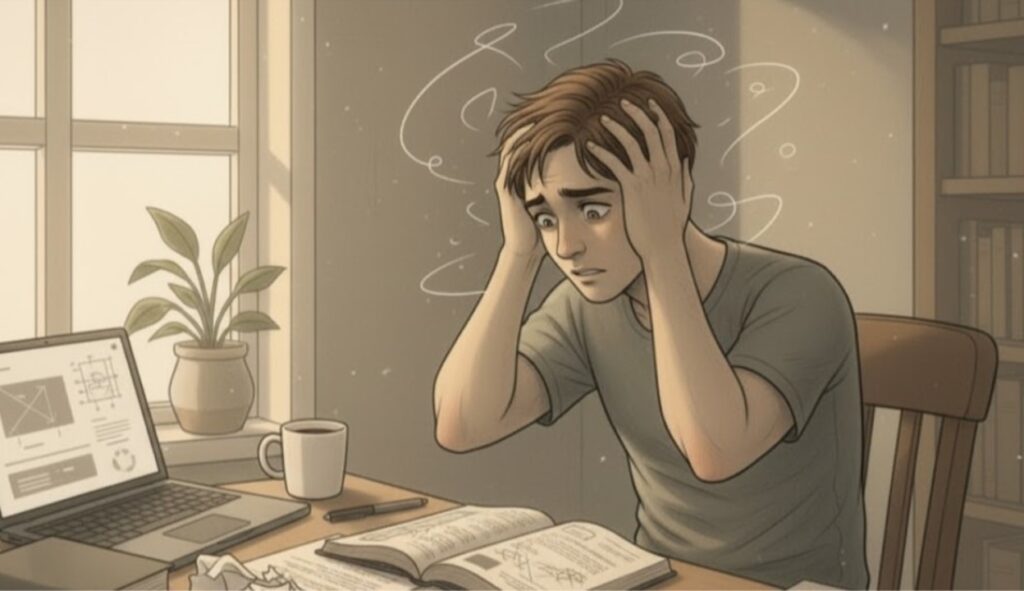 Person experiencing mental exhaustion from hours of invisible OCD mental rituals and compulsions.