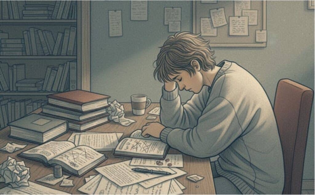 Overwhelmed person hunched over a cluttered desk covered with books, papers, and crumpled notes.