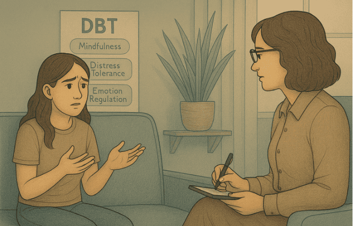 A woman in DBT, calmly speaking with her therapist.