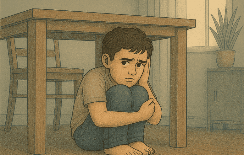 A young male child hiding close to a table in fear 