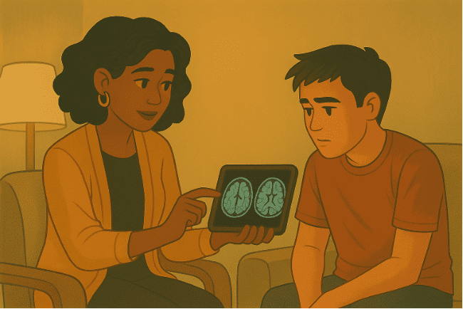 Therapist reviewing brain imaging with teen patient during OCD treatment planning.