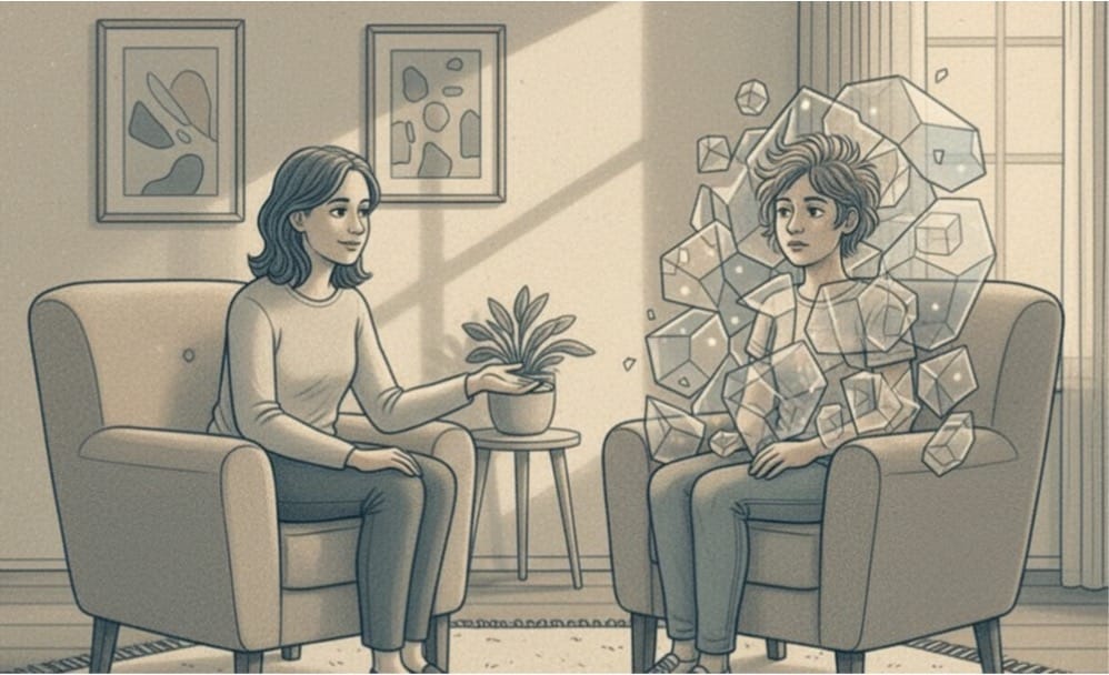 Therapist sitting calmly across from distressed client depicted with fragmented, shattered visual effect.