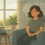 An anxious person sitting in an armchair with thought bubbles and symbols representing overwhelming thoughts.