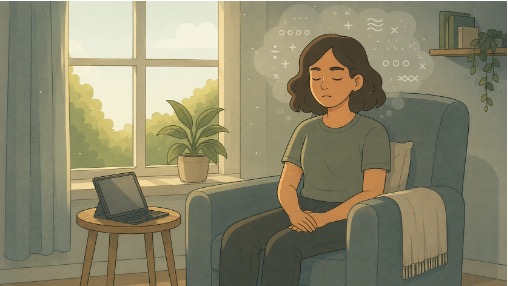 An anxious person sitting in an armchair with thought bubbles and symbols representing overwhelming thoughts.