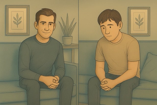 Two men, happy:sad contrast