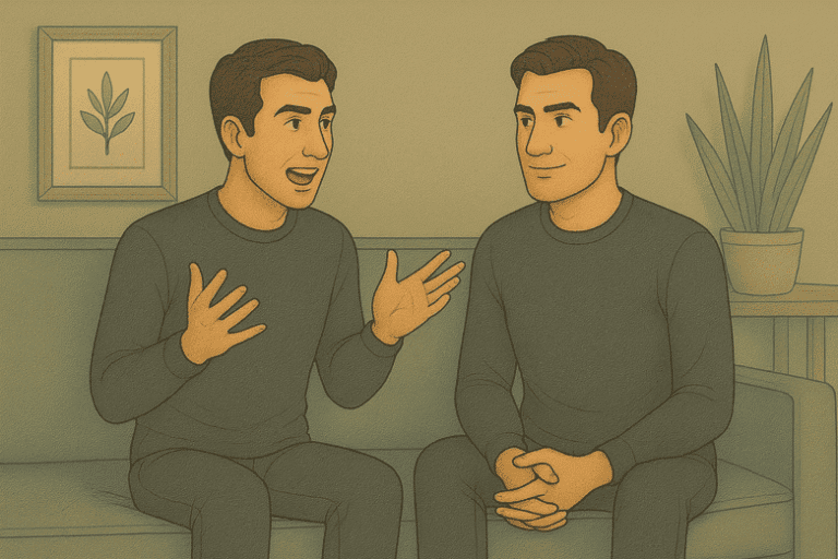 Man experiencing internal dialogue characteristic of dissociative identity disorder.