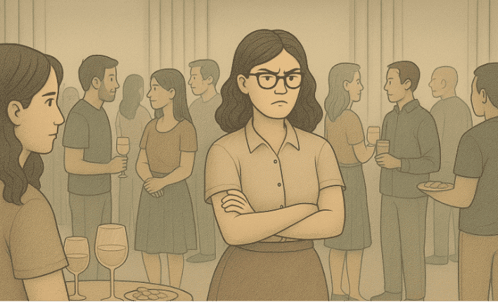 A woman standing in a party looking angry and unapproachable.