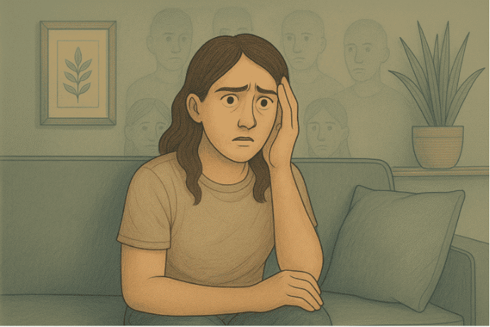 A young woman sits tensely on a sofa, holding the side of her face with worry as she looks forward. Faint figures appear on the wall behind her, suggesting she feels watched.