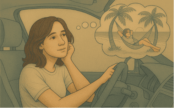 Woman experiencing highway hypnosis while driving, a common mild form of dissociation