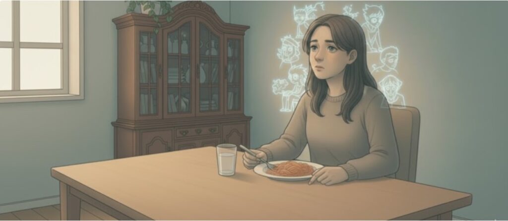 A woman sitting at a desk, eating while remembering past interactions shown as imagination