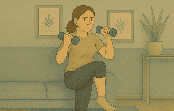 Woman using physical movement exercises at home to release pent-up anxiety energy and reduce trembling.