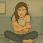 Woman experiencing physical trembling and shivering as a symptom of anxiety disorder.