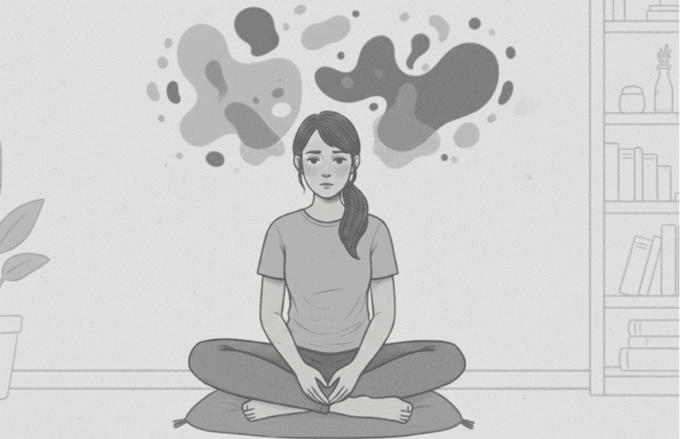 Person with a neutral expression, showing faint abstract grey shapes above their head, representing the intense emotional signals and rapid mood shifts associated with BPD.