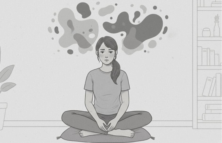 Person with a neutral expression, showing faint abstract grey shapes above their head, representing the intense emotional signals and rapid mood shifts associated with BPD.