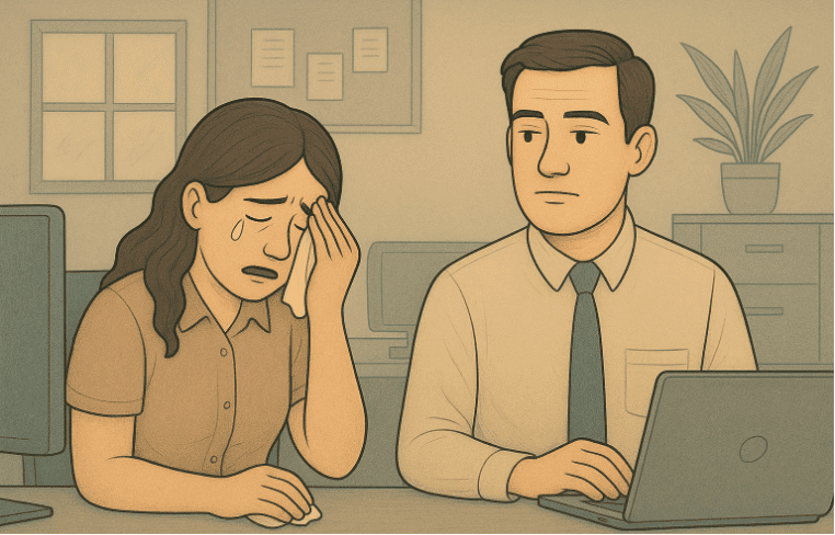 A man at work shows no emotions while a co-worker cries beside him.