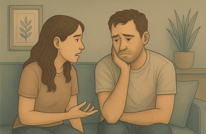 A man looking sad and disengaged while his partner talks to him.