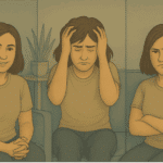 Illustration depicting the experience of Dissociative Identity Disorder through three distinct personality states representing the internal diversity of DID systems