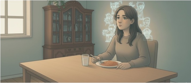 Woman daydreaming while supposedly eating her meal 