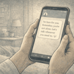 An illustration of a person holding a phone with a comforting text message on screen.