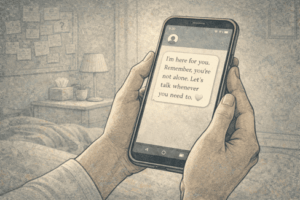 An illustration of a person holding a phone with a comforting text message on screen.
