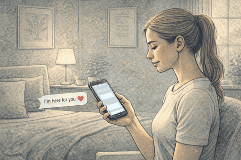 An illustration of a woman with a phone receiving a supportive text message with a heart icon, representing compassionate communication during a mental health moment.