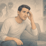 Man experiencing tension and distress with hand on temple during stress-induced psychosis episode.