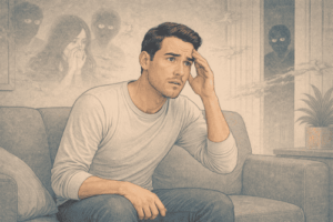 Man experiencing tension and distress with hand on temple during stress-induced psychosis episode.