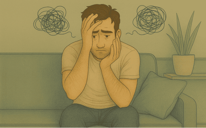 Man experiencing cognitive overwhelm and frustration from ADHD-related anger and executive function challenges.