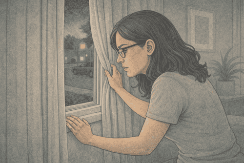 Woman vigilantly scanning her environment through a window, illustrating hypervigilance in daily life.