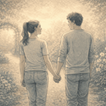 An illustration of two people holding hands while walking through a peaceful garden, with soft warm lighting, representing connection and love in the context of mental health and healing.