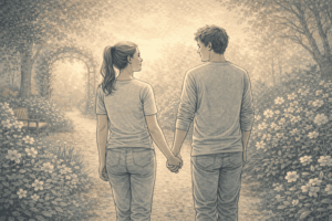 An illustration of two people holding hands while walking through a peaceful garden, with soft warm lighting, representing connection and love in the context of mental health and healing.