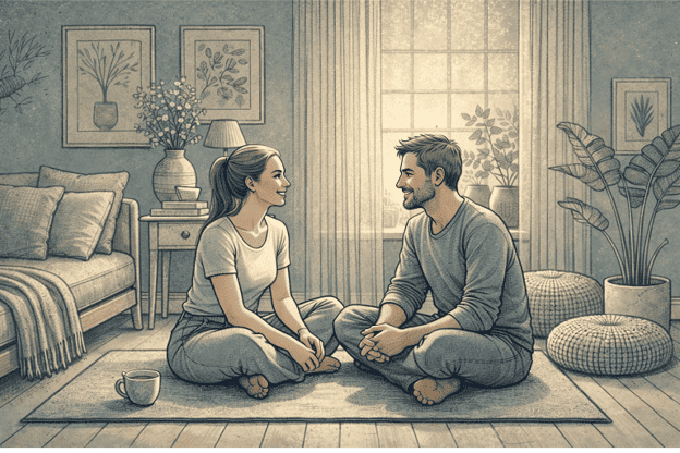 An illustration of two people sitting together sharing a meaningful conversation, with warm expressions showing genuine connection and understanding between them.