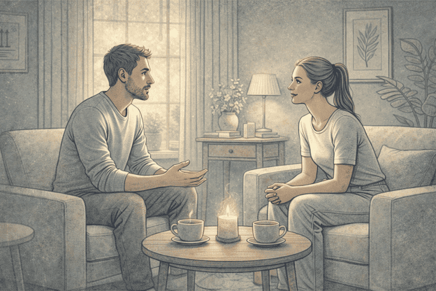 An illustration of two people sitting across from each other in a comfortable setting, one speaking and the other listening attentively, representing supportive dialogue.