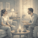 An illustration of two people having a calm conversation in a comfortable living room setting, with soft lighting and neutral tones, representing mindful communication and emotional expression.