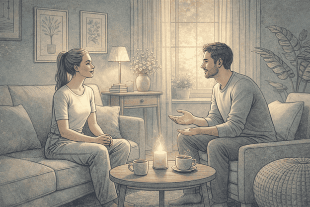 An illustration of two people having a calm conversation in a comfortable living room setting, with soft lighting and neutral tones, representing mindful communication and emotional expression.