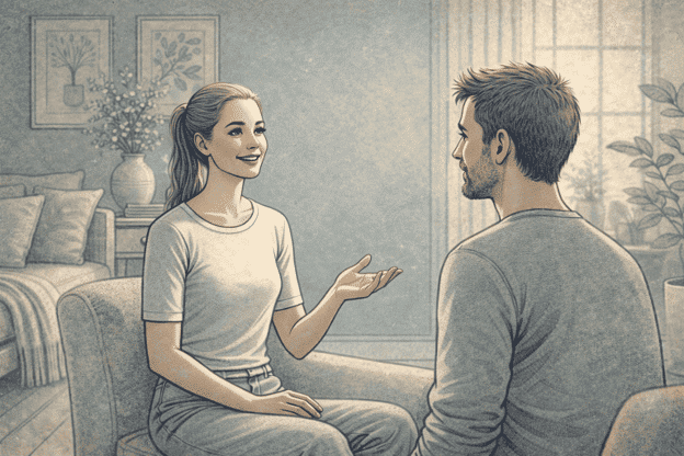 An illustration of a person speaking calmly with simple speech bubbles, representing clear and concise communication without over-explanation.
