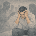 A man sits hunched forward with his hands pressed to his head while shadowy figures surround him, suggesting auditory hallucinations associated with schizophrenia.