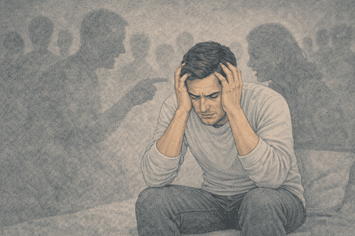 A man sits hunched forward with his hands pressed to his head while shadowy figures surround him, suggesting auditory hallucinations associated with schizophrenia.