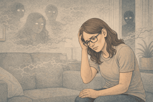 Woman showing exhaustion and confusion during stress-induced psychosis episode