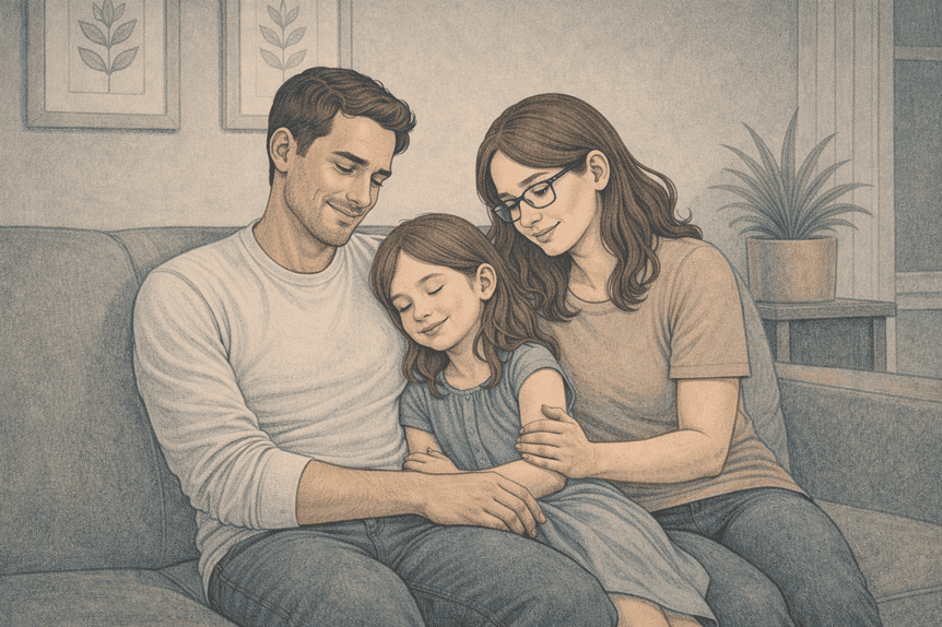 Family members providing emotional support during scheduled check-in with loved one managing bipolar disorder.