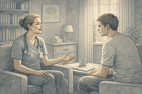 An illustration of a Healthcare professional having a compassionate conversation with a patient.