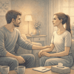 An illustration of two people sitting together having a supportive conversation, with soft, warm lighting and calming colors, representing open communication about mental health.
